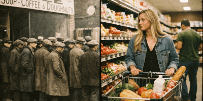 Historical black and white photo of men waiting for free soup line next to a color photo of a woman shopping with a full grocery cart