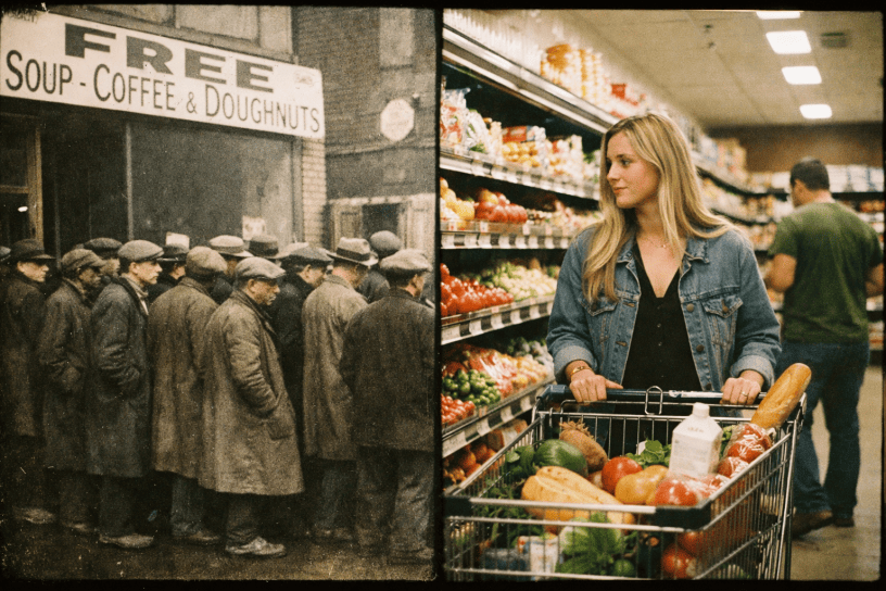 Historical black and white photo of men waiting for free soup line next to a color photo of a woman shopping with a full grocery cart