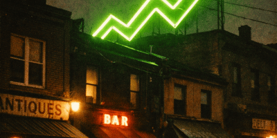 Green neon arrow pointing upward above buildings with shops and a bar at night.