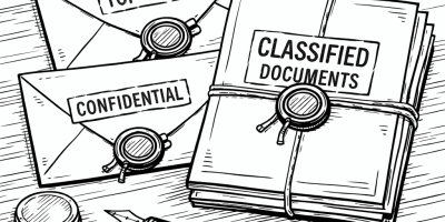 Envelopes labeled Top Secret and Confidential and papers labeled Classified Documents, sealed with wax stamps on a wooden table