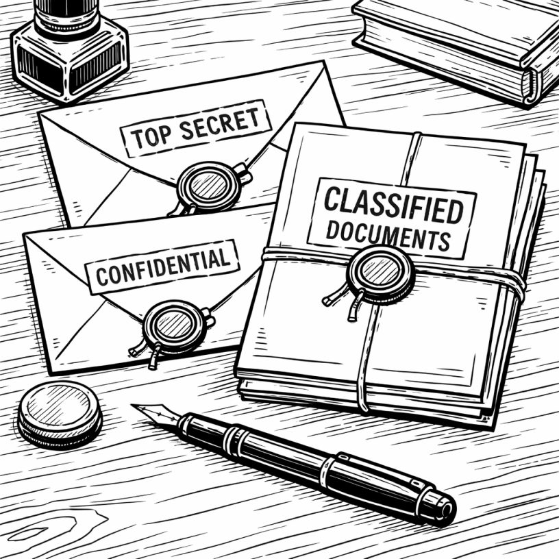 Envelopes labeled Top Secret and Confidential and papers labeled Classified Documents, sealed with wax stamps on a wooden table