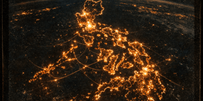 Map of the Philippines with glowing city lights connected by illuminated lines at night