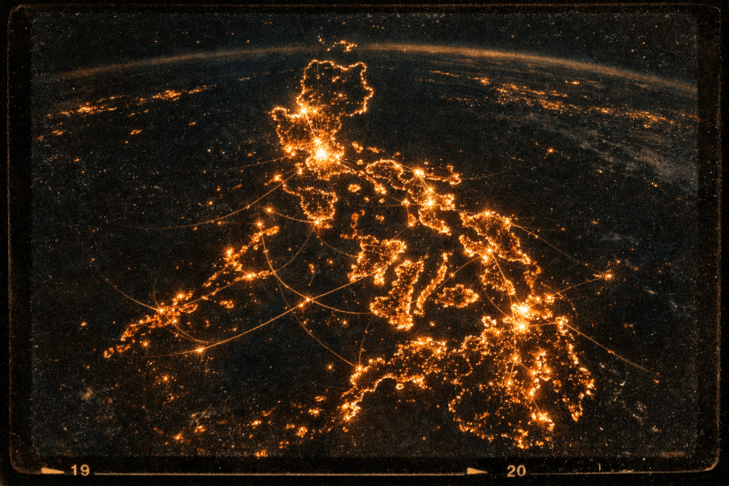 Map of the Philippines with glowing city lights connected by illuminated lines at night