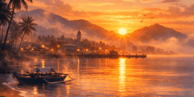 Sunset view over Baybay City with harbor, boat, palm trees, and mountains
