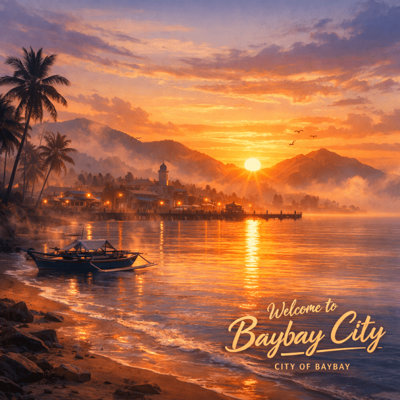 Sunset view over Baybay City with harbor, boat, palm trees, and mountains