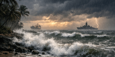 Two ships on turbulent ocean waters with waves crashing on rocky shore, dark storm clouds, rain, and lightning bolt