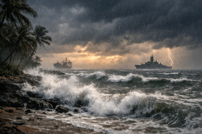 Two ships on turbulent ocean waters with waves crashing on rocky shore, dark storm clouds, rain, and lightning bolt