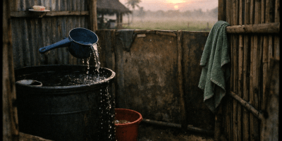 Rural Philippine bucket shower at dawn