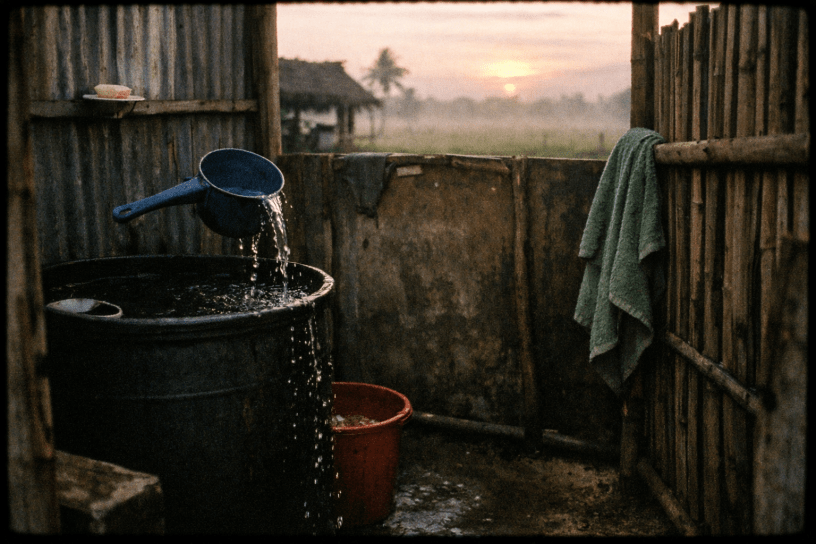 Rural Philippine bucket shower at dawn
