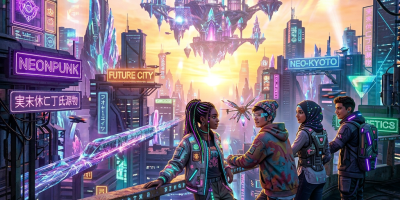 Person with glowing suit standing on a balcony overlooking a neon-lit futuristic city with flying drones and skyscrapers