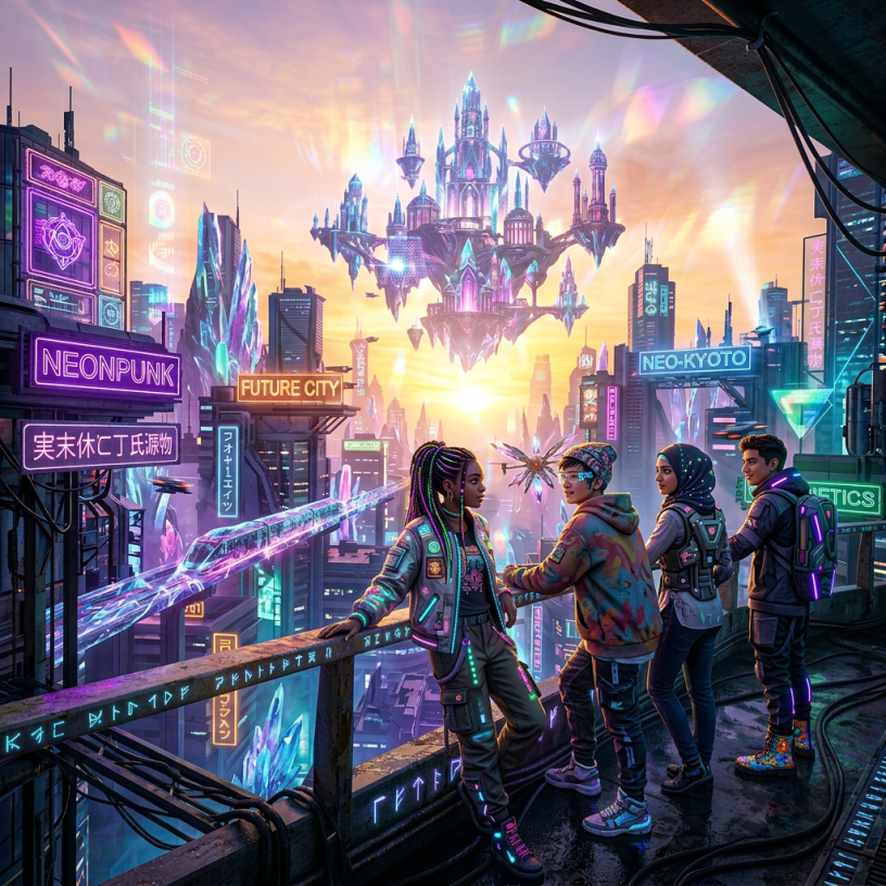 Person with glowing suit standing on a balcony overlooking a neon-lit futuristic city with flying drones and skyscrapers