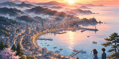 Coastal town with harbor at sunset viewed from a hill with two students looking out
