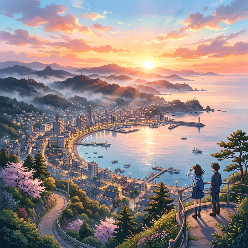 Coastal town with harbor at sunset viewed from a hill with two students looking out