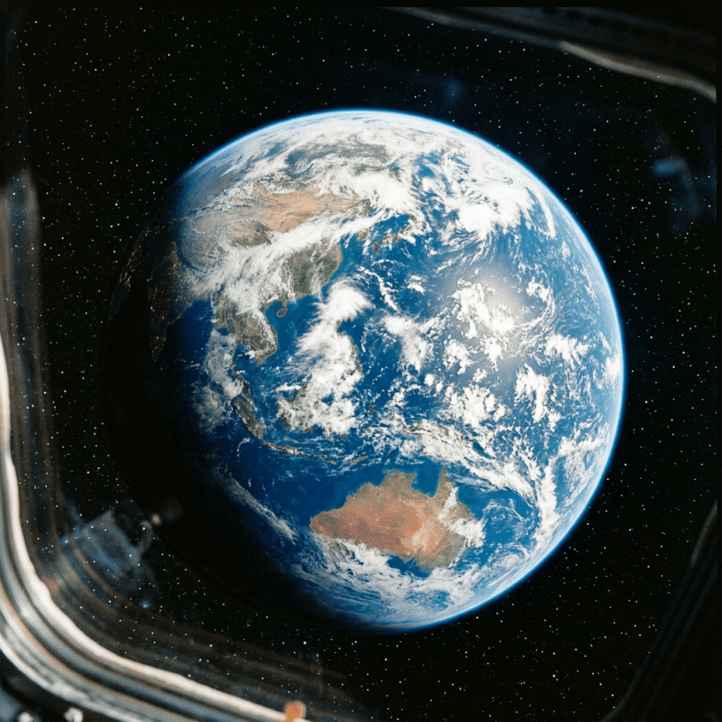 Earth with visible continents and clouds, viewed through spacecraft window frame in space