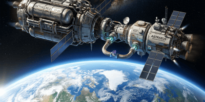 Two connected space station modules with solar panels orbiting Earth, with the Milky Way and a distant planet in the background
