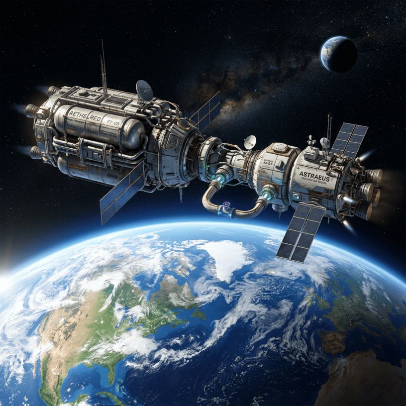 Two connected space station modules with solar panels orbiting Earth, with the Milky Way and a distant planet in the background