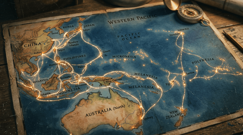 Illustrated Western Pacific map with glowing island connections