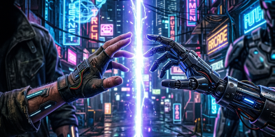Human hand and robotic hand nearly touching across glowing energy barrier in cyberpunk city