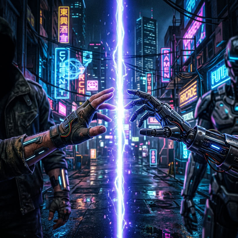 Human hand and robotic hand nearly touching across glowing energy barrier in cyberpunk city