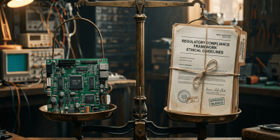 Balance scale with circuit board and documents
