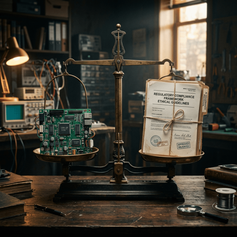 Balance scale with circuit board and documents