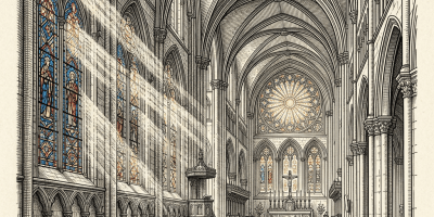 Interior of a gothic cathedral with stained glass windows and wooden pews