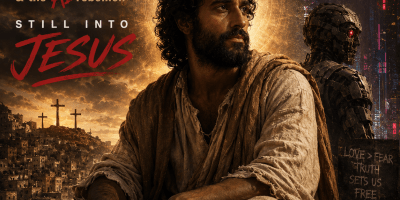 Historic Jesus sitting on a stone and looking into the distance with the title of the album and the image of an android in the background.