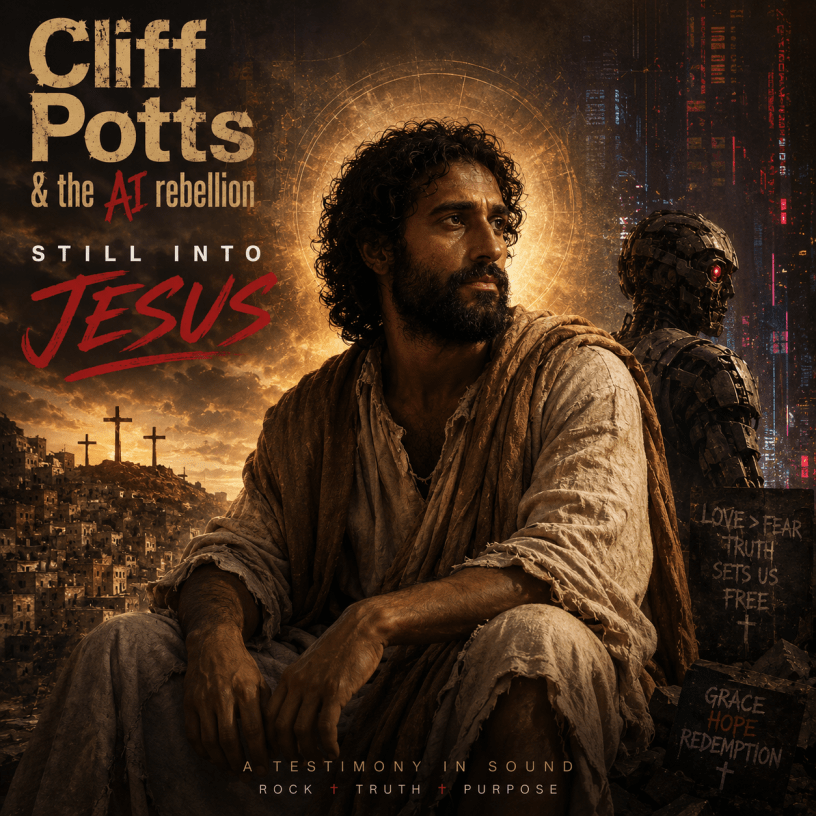 Historic Jesus sitting on a stone and looking into the distance with the title of the album and the image of an android in the background.