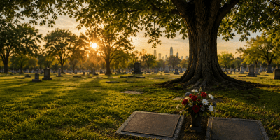 Golden-hour cemetery scene featuring a large tree beside flat grave markers and flowers, with sunlight filtering across the grass and a distant city skyline in the background.