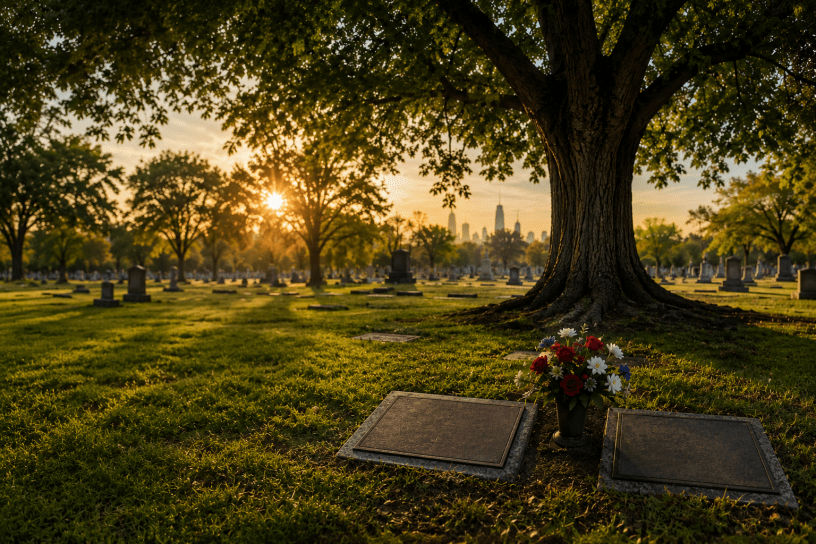 Golden-hour cemetery scene featuring a large tree beside flat grave markers and flowers, with sunlight filtering across the grass and a distant city skyline in the background.