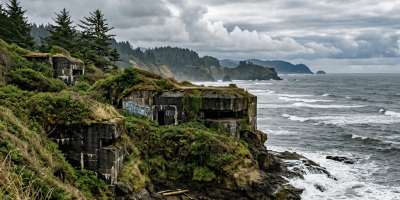 Concrete bunkers on a rocky coastline with waves crashing and cloudy sky