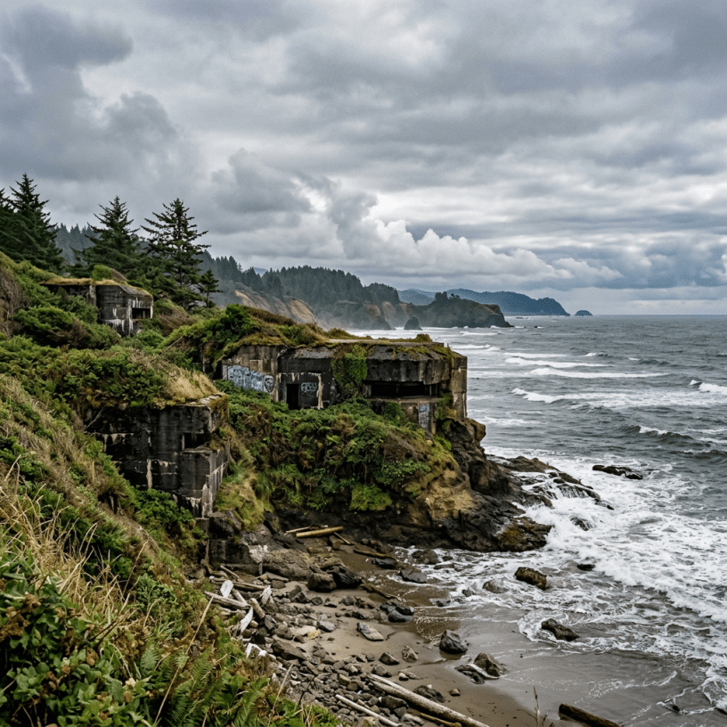 Concrete bunkers on a rocky coastline with waves crashing and cloudy sky