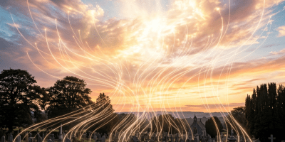 Sunset cemetery scene with glowing light trails rising upward