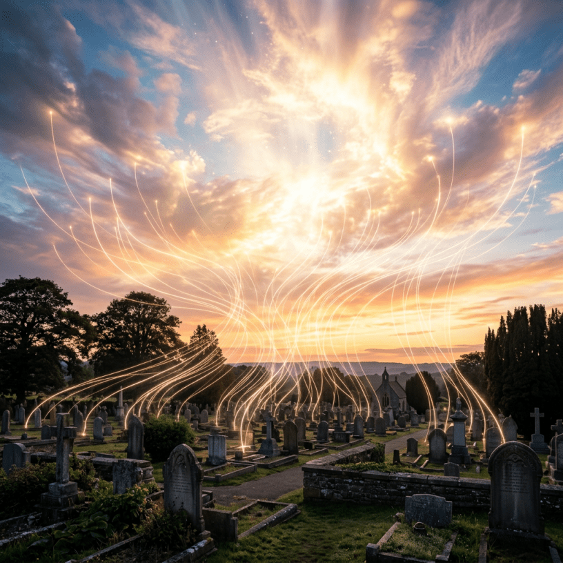 Sunset cemetery scene with glowing light trails rising upward
