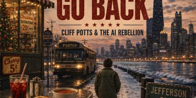 Vintage-inspired album cover for Can't Go Back by Cliff Potts & the AI Rebellion. A snowy Chicago lakeshore scene features a CTA bus, the Chicago skyline, a Woolworth lunch counter with a grilled cheese sandwich, soup, and a red cherry drink, along with Jefferson Park and Ace Hardware signs. A solitary figure walks along the waterfront beneath the large title “CAN'T GO BACK.”