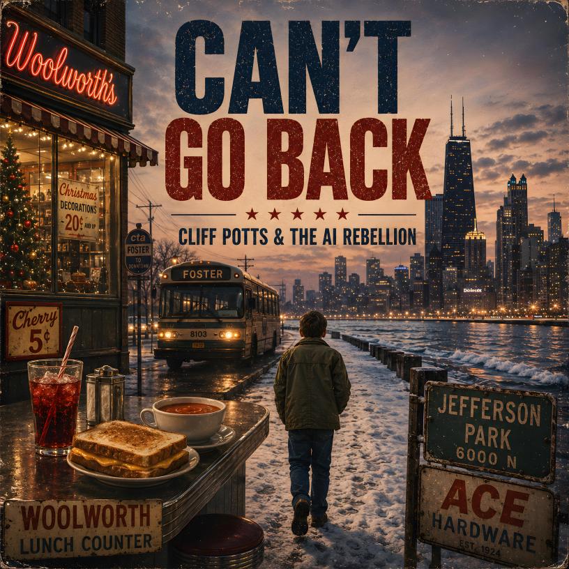 Vintage-inspired album cover for Can't Go Back by Cliff Potts & the AI Rebellion. A snowy Chicago lakeshore scene features a CTA bus, the Chicago skyline, a Woolworth lunch counter with a grilled cheese sandwich, soup, and a red cherry drink, along with Jefferson Park and Ace Hardware signs. A solitary figure walks along the waterfront beneath the large title “CAN'T GO BACK.”