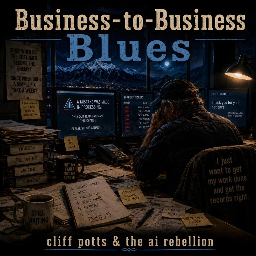 Album cover for Business-to-Business Blues by Cliff Potts & the AI Rebellion. A weary office worker sits at a cluttered desk surrounded by support tickets, paperwork, coffee mugs, sticky notes, and computer screens displaying bureaucratic error messages. Outside the office windows, mountains and a moonlit night sky are visible. The image humorously portrays the frustrations of modern business operations and customer support.