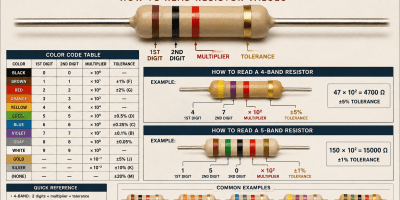 Educational chart showing resistor color bands, resistor value calculations, tolerance markings, and examples of how to read four-band and five-band resistors.