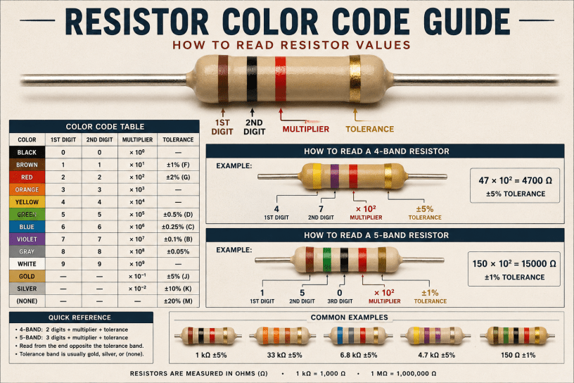 Educational chart showing resistor color bands, resistor value calculations, tolerance markings, and examples of how to read four-band and five-band resistors.