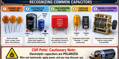 Educational Electronic Archaeology infographic showing five common capacitor types: ceramic disc, electrolytic, film, tantalum, and variable capacitors, with polarity markings, identification notes, and a safety warning about reverse-polarized electrolytic capacitors.