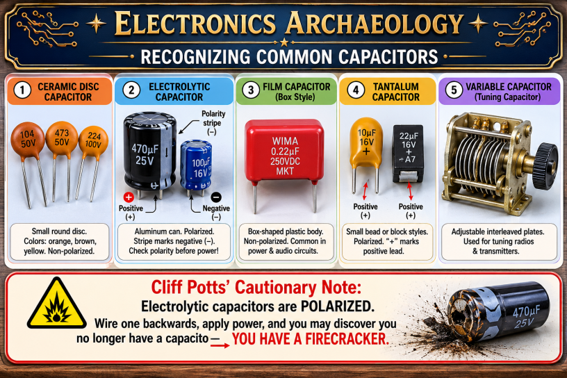 Educational Electronic Archaeology infographic showing five common capacitor types: ceramic disc, electrolytic, film, tantalum, and variable capacitors, with polarity markings, identification notes, and a safety warning about reverse-polarized electrolytic capacitors.