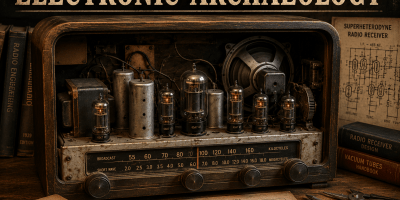 Open-back vintage vacuum tube radio with glowing tubes, circuit schematics, tools, and the title "Electronic Archaeology" displayed above the receiver.