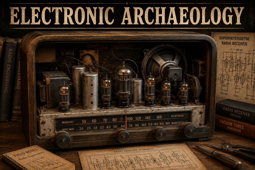 Open-back vintage vacuum tube radio with glowing tubes, circuit schematics, tools, and the title "Electronic Archaeology" displayed above the receiver.