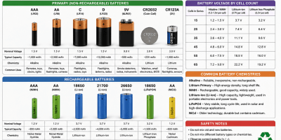 Educational Electronic Archaeology infographic showing common battery types and sizes including AAA, AA, C, D, 9-volt, coin-cell, rechargeable lithium-ion, NiMH, and automotive-style batteries, with voltage, chemistry, and common-use information.