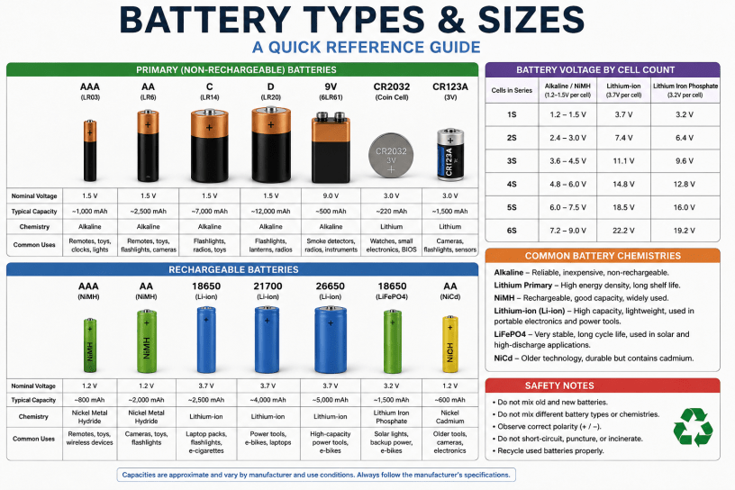 Educational Electronic Archaeology infographic showing common battery types and sizes including AAA, AA, C, D, 9-volt, coin-cell, rechargeable lithium-ion, NiMH, and automotive-style batteries, with voltage, chemistry, and common-use information.