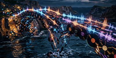 A bridge composed of vinyl records forming an arch over ocean water with neon sound wave patterns above it at dusk.