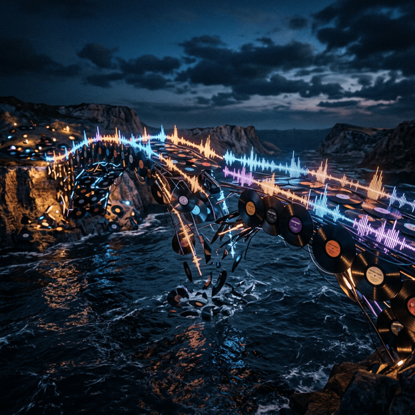 A bridge composed of vinyl records forming an arch over ocean water with neon sound wave patterns above it at dusk.