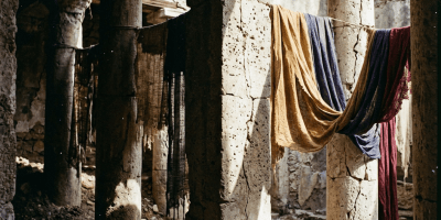Colorful cloths hanging on rope between old stone columns in an ancient structure
