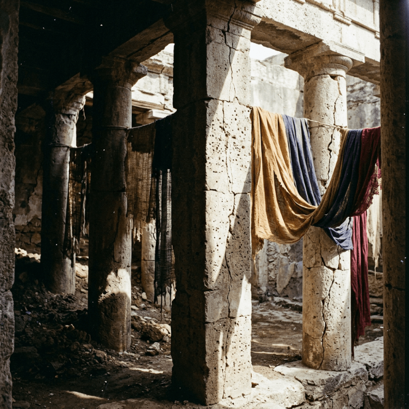 Colorful cloths hanging on rope between old stone columns in an ancient structure
