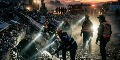 Rescue team with helmets and flashlights searching rubble after a building collapse at dusk